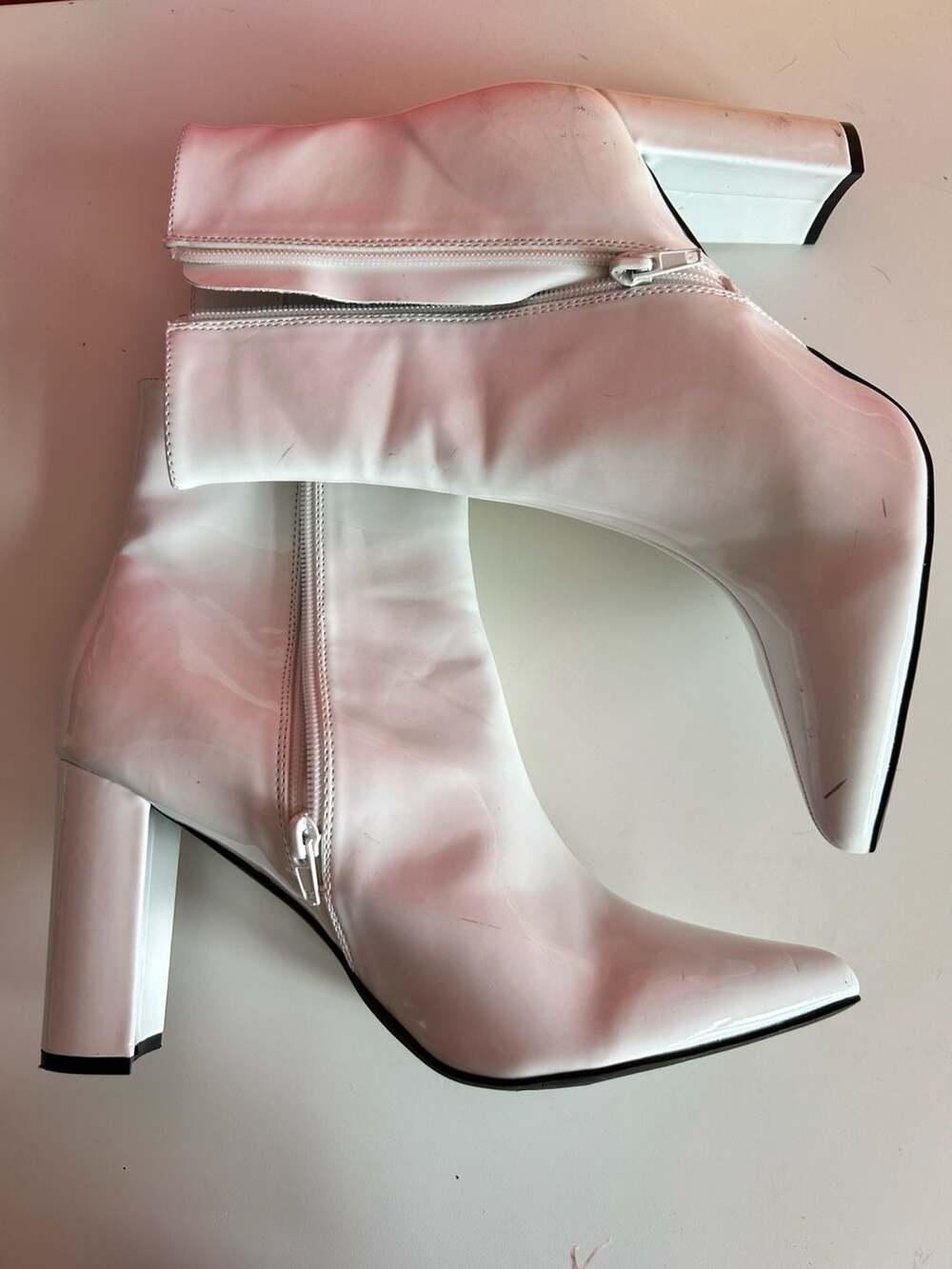 White Patent Leather Pointed Toe Chunky Heeled Ankle Boots
